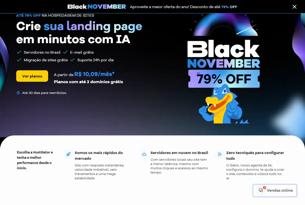 Topo da página oficial de hospedagem da HostGator, com o preço de entrada