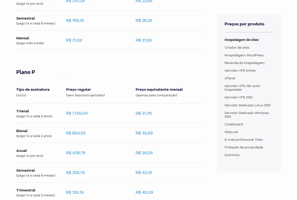 Tabela de preços regulares de renovação da HostGator