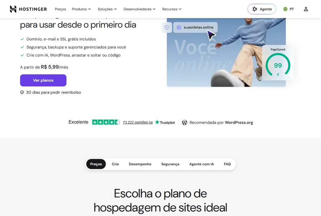 Topo da página oficial de hospedagem da Hostinger