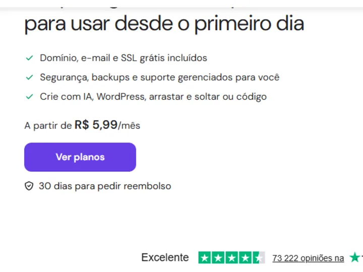 Página oficial da Hostinger com o preço de entrada da hospedagem por mês