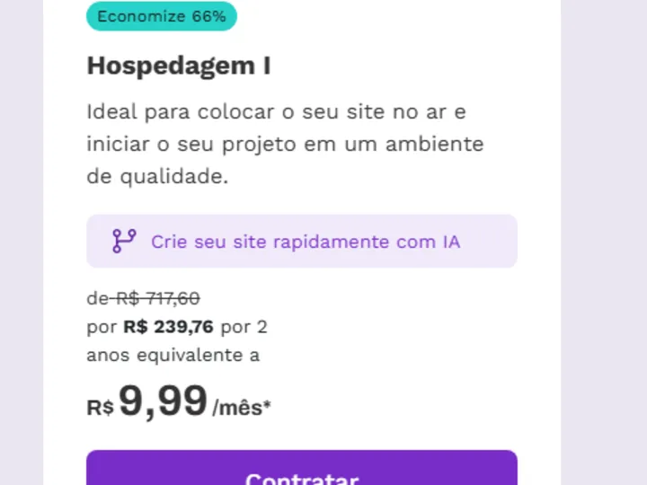 Cartão do plano Hospedagem I na página oficial da KingHost, com o preço do contrato de dois anos