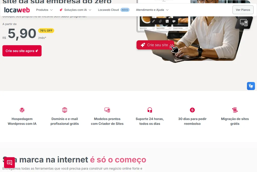 Topo da página oficial de hospedagem da Locaweb