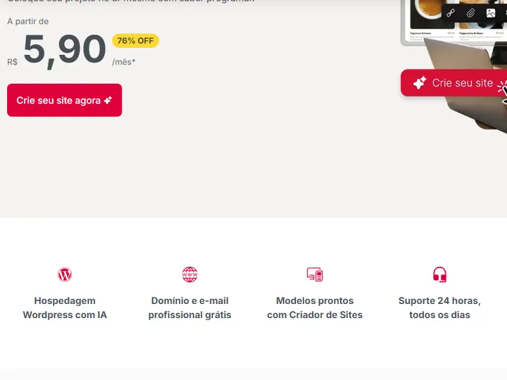 Página oficial da Locaweb com o preço de entrada da hospedagem por mês